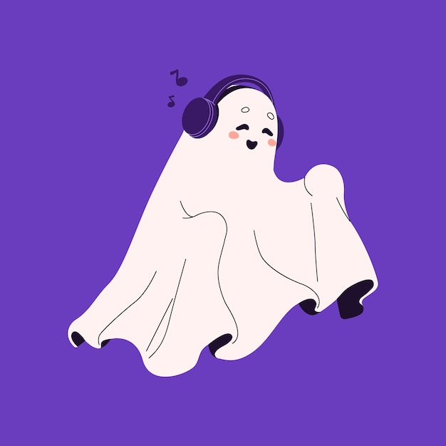 Vettore fantasma di halloween che ascolta musica fantasma carino con le cuffie relax amichevole fantasma che balla spirito divertente con sorriso felice decorazione festa di helloween per bambini illustrazione vettoriale isolata piatta