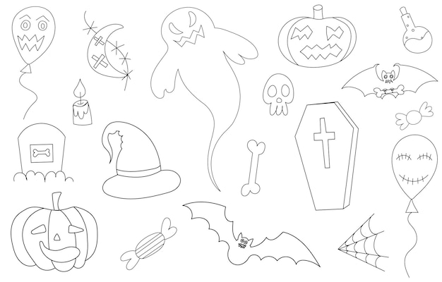 Halloween pictogrammenset schets schets op witte achtergrond geïsoleerd