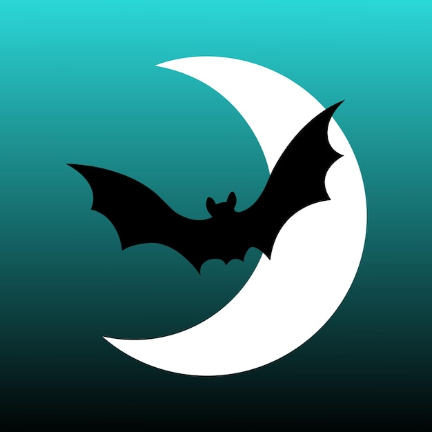 Halloween picture of a flying black bat on the half moon background as sticker, print or pattern