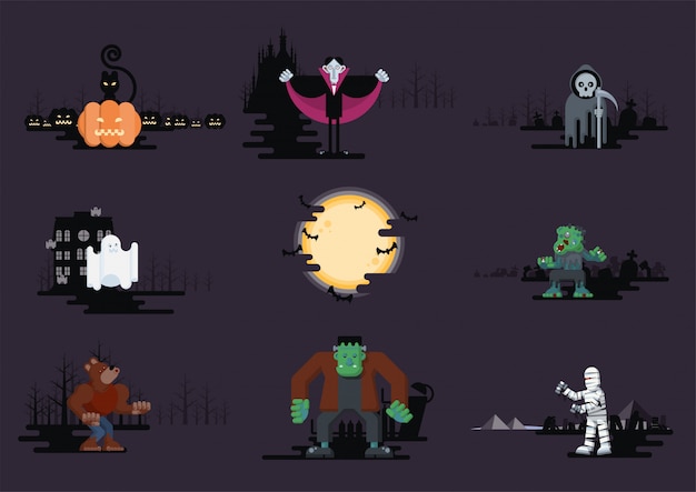 Vector halloween platte stripfiguren set