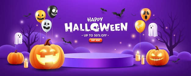 Halloween podium purple color pumpkin balloons ghost candle and bat flying banner design