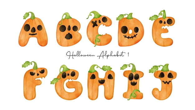 Halloween Pompoen Alfabet Letter AJ Leuke Spooky Aquarel Karakters handgeschilderde illustratie