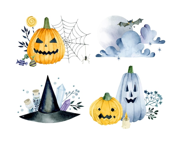 Halloween pompoen aquarel geïsoleerde composities set