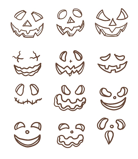 Vector halloween pompoen gezicht schattig cartoon karakteristiek karakter emoties individuele elementen