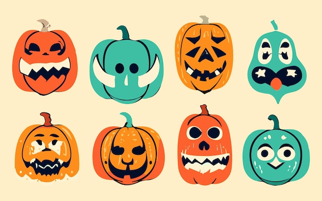 Vector halloween pompoen iconen set vintage grappige pompoenen geïsoleerd op witte achtergrond vectorillustratie