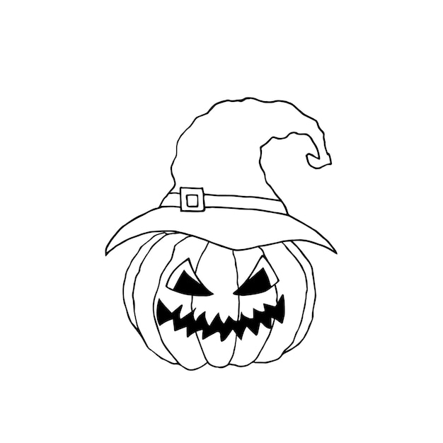 Halloween-pompoen in een hoed Handgetekende vectorillustratie Voor het kleuren van kaarten, afdrukken van verpakkingen