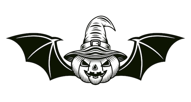 Halloween-pompoen in heksenhoed en met vleermuisvleugels vectorillustratie in zwart-wit tattoo-stijl geïsoleerd op een witte achtergrond