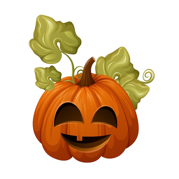 Halloween-pompoen met bladeren en grappig gezicht. Cartoon vectorillustratie van seizoen groente