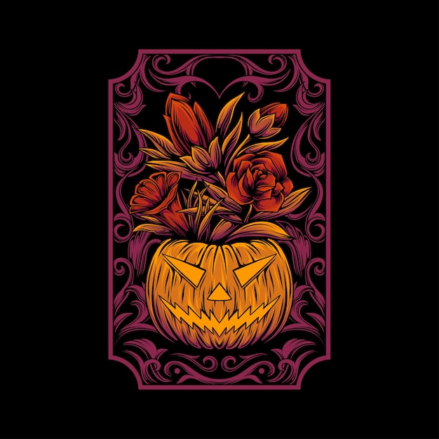 Vector halloween-pompoen met bloemen en ornament