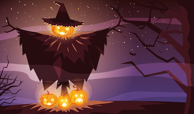 Halloween-pompoen met heksenhoed in Halloween-scène