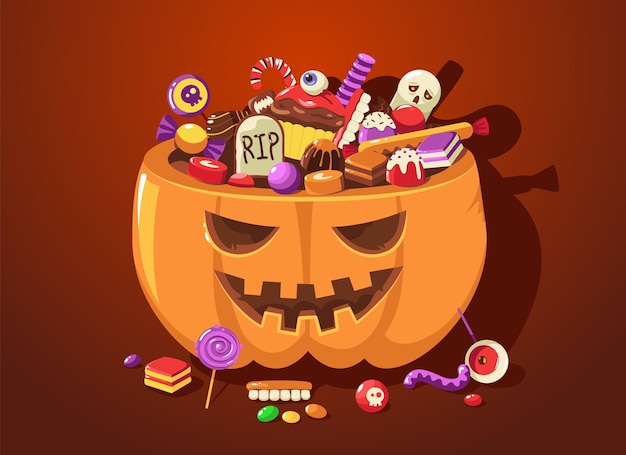 Halloween pompoen met snoep Cartoon schattige enge mand vol kind trick or treat snoepjes voor Oktober festival viering Vector illustratie