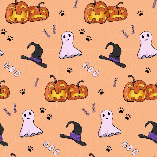 Halloween pompoen spook heks hoed snoep en kattenpoot patroon