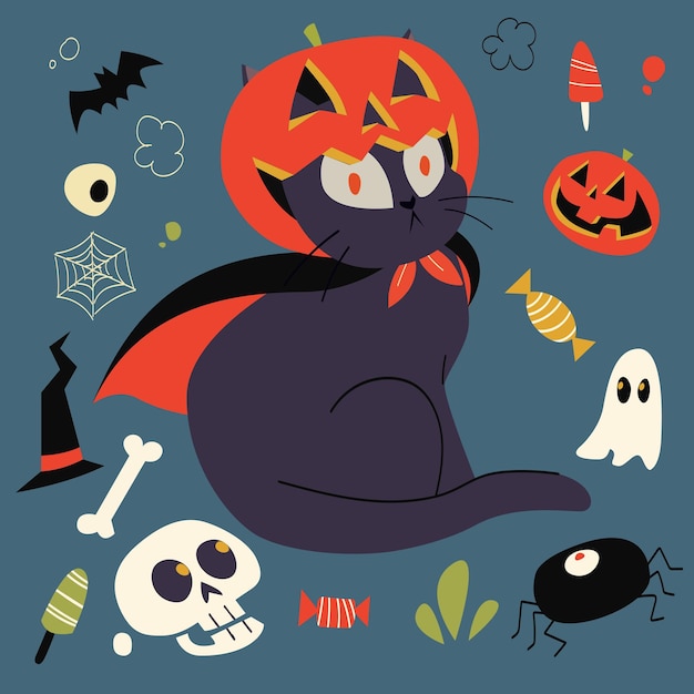 Vector halloween pompoen spook schattige kat illustratie voor halloween party