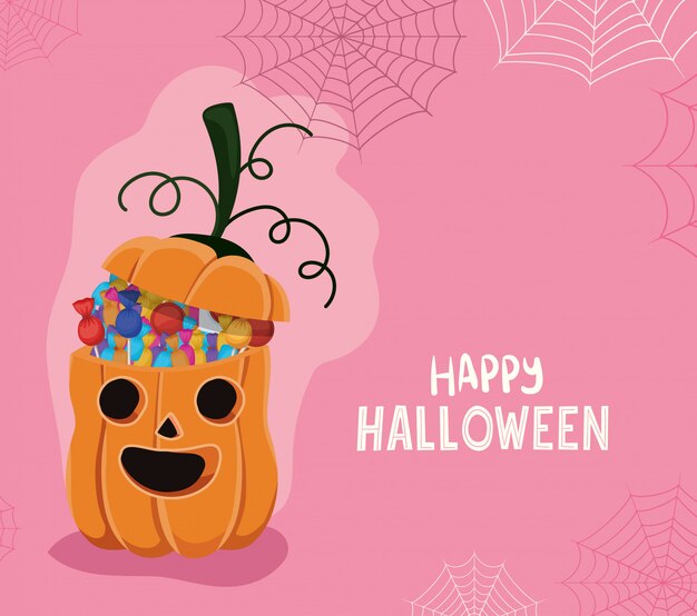 Halloween-pompoenbeeldverhaal met suikergoed en spinnenwebbenontwerp, vakantie en eng thema