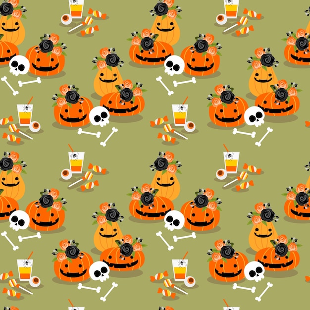 Vector halloween pompoenen decoratie en snoep naadloze patroon.