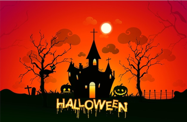 Halloween-pompoenen en donker kasteel op Maanachtergrond Lantaarn en griezelige boom en uil