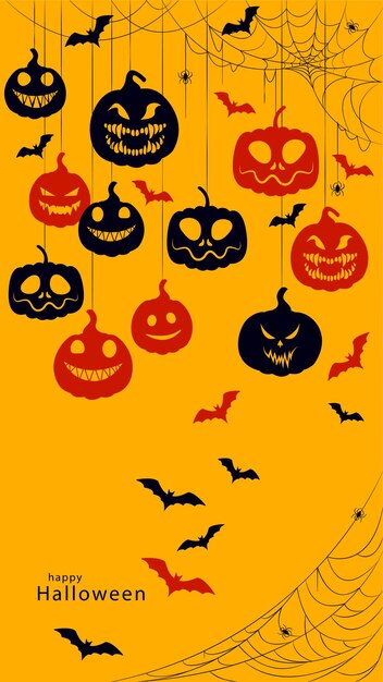 Halloween-pompoenen hangend aan een web op een gele achtergrond, verticale vectorillustratie.