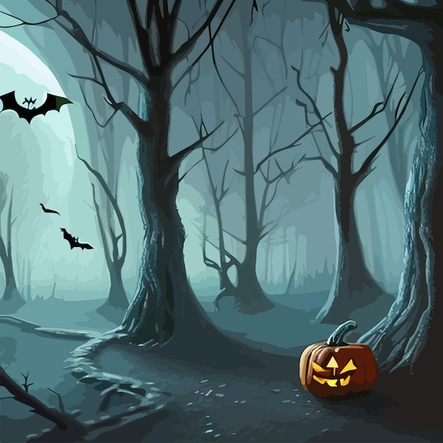 Vector halloween-pompoenen in de donkere griezelige bosvectorillustratie voor halloween