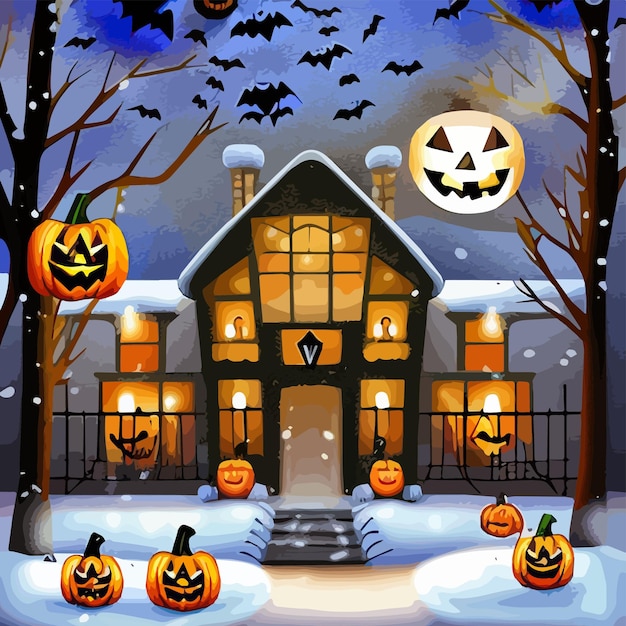 Halloween-pompoenen in een besneeuwde tuin en vleermuizen in de vectorillustratie vectorillustratie
