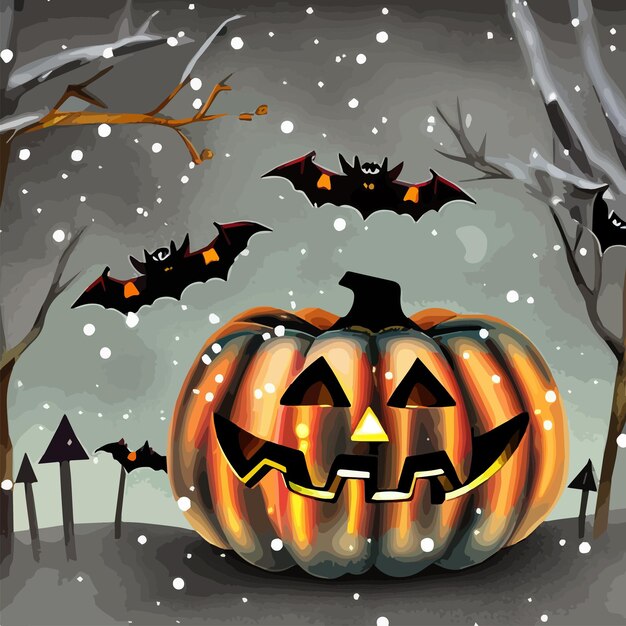 Halloween-pompoenen in een besneeuwde tuin en vleermuizen in de vectorillustratie vectorillustratie