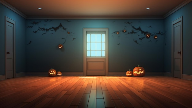 Vector halloween pompoenen in een kamer met een deur en een deur met een deur op de achtergrond