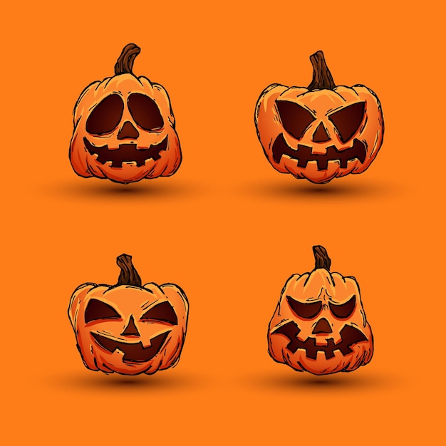 Halloween-pompoenen in vector met verschillende gezichtspictogramreeks. gekleurde Hand getekende illustratie.