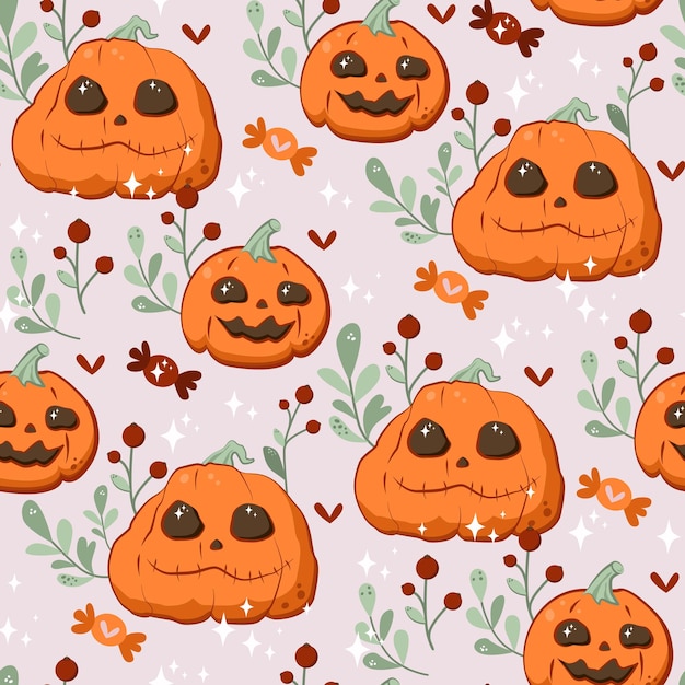 Halloween-pompoenen met smileygezicht, rode bessen, zoete snoepjes, glitters. naadloos patroon