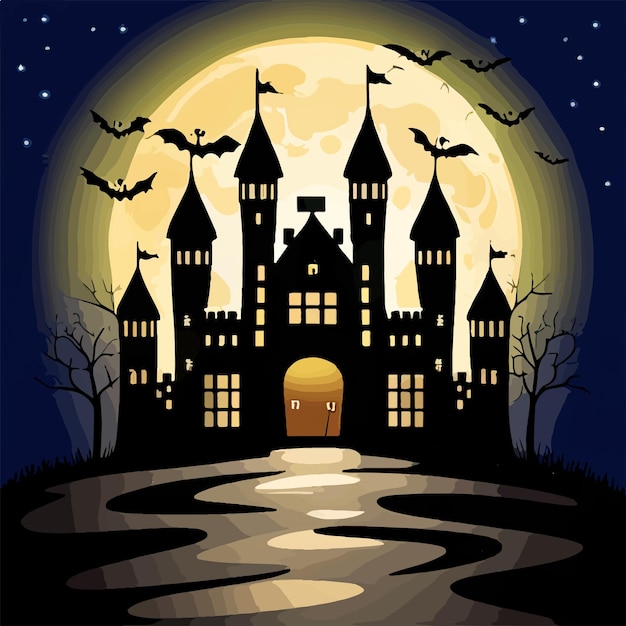 Halloween-pompoenen op weg en donker kasteel op blauwe maanachtergrond met vleermuizen vectorillustratie