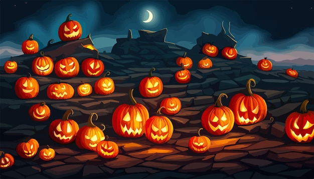 Halloween-pompoenflard in de maanlichthefboom o lantaarnpartij horizontale banner vectorillustratie