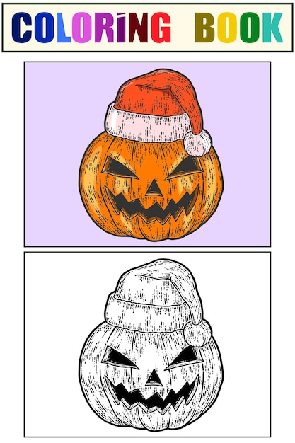 Halloween-pompoengezicht in kerstmanhoed schetsset van kleurboek en kleur bijvoorbeeld