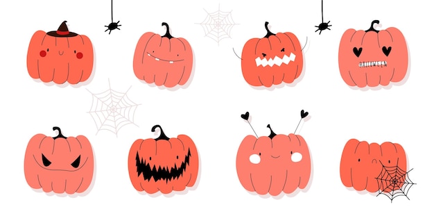 Halloween-pompoenhoofd met verschillende emoties in handgetekende stijl