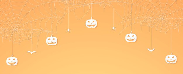 Vector halloween-pompoenkop, spinnen en vleermuizen hangen, spinnenwebbanner, spinnenwebachtergrond, kopieerruimte