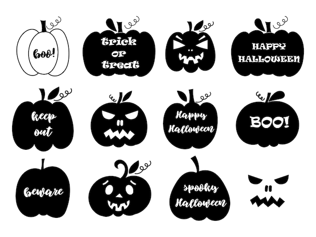 Halloween-pompoenset met belettering en gebeeldhouwde gezichten. vector illustratie.