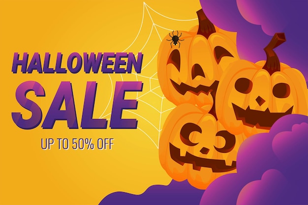 Halloween-pompoenverkoop 50 procent korting op kortingsconcept Banner en achtergrond vectorillustratie