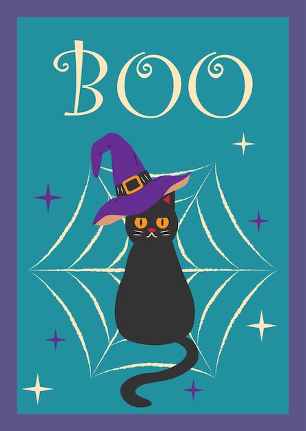 Halloween postcard with a black cat in a witch hat