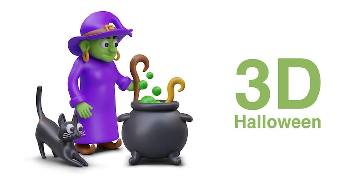 वेक्टर halloween poster composition with old witch with green face and purple costume