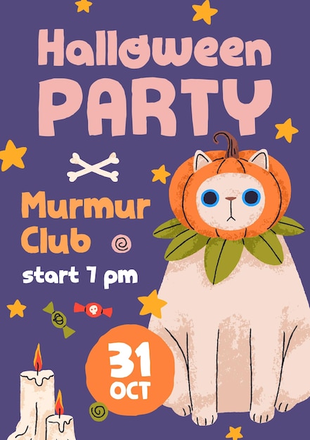 Halloween poster design for cats October party. Vertical promotion flyer template with cute funny kitty, pumpkin. Helloween holiday banner with sweet kitten. Colored flat vector illustration.