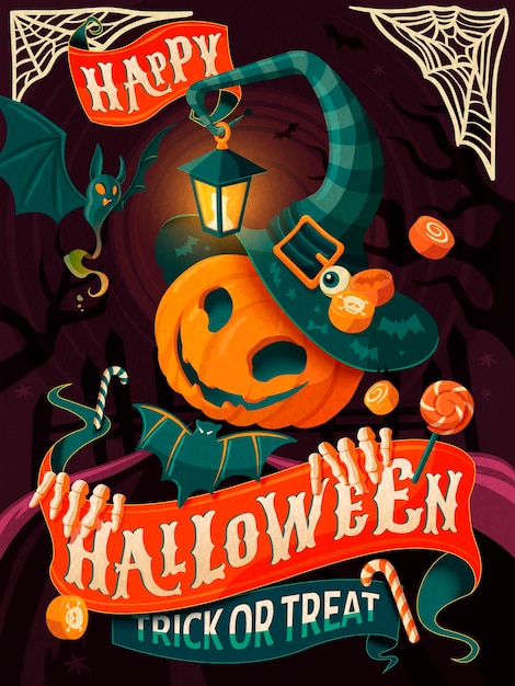 Poster di halloween, uomo zucca con cappello e mantello da strega, festa di halloween o biglietto di auguri