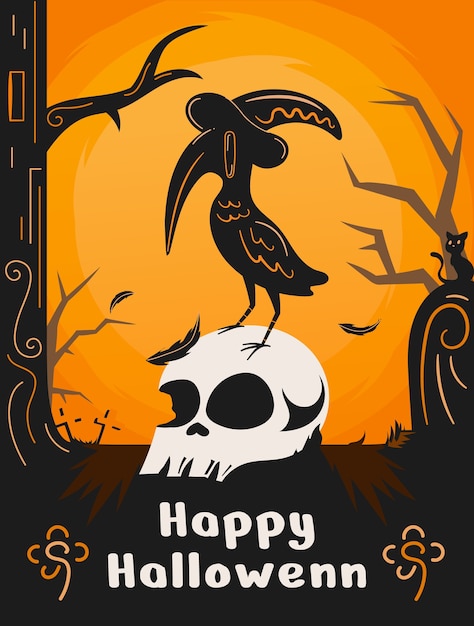 Progettazione di poster di halloween con illustrazione di corvo e teschio