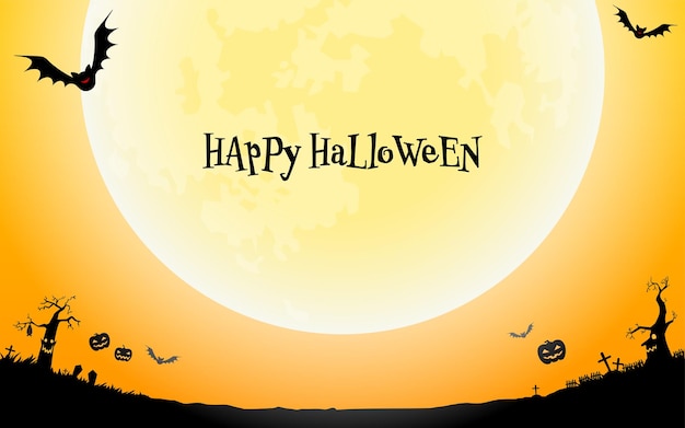 Плакат на Хэллоуин с летучими мышами в полнолуние и фонарями из тыквы