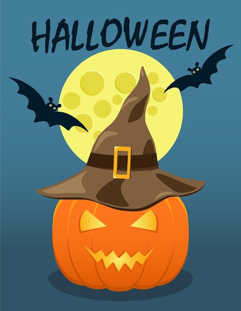 Halloween poster kaart flyer illustratie met jack o'lantern pompoen in heksen hoed met vleermuizen