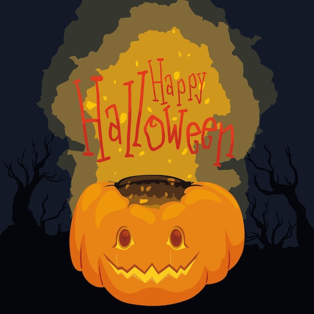 Halloween-poster met glanzende pompoen op griezelig bos op de achtergrond vectorillustratie