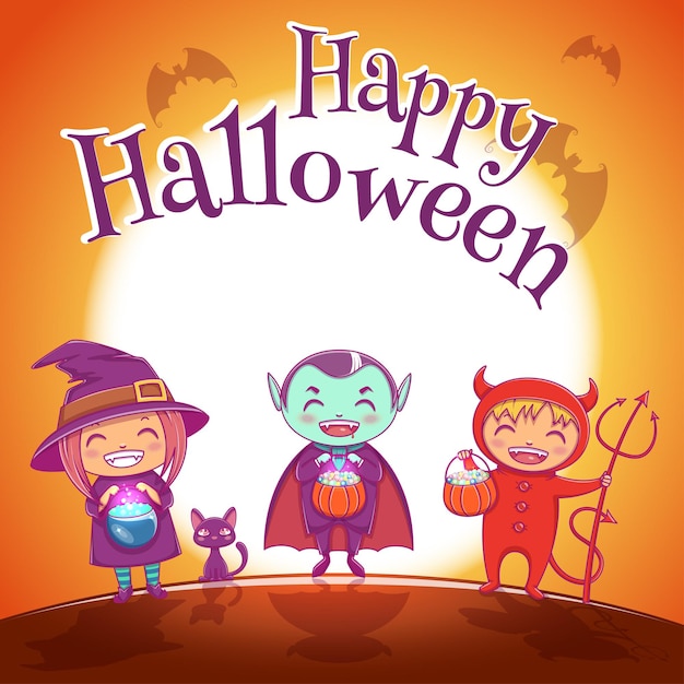 Halloween poster met kinderen in kostuums van heks, vampier en duivel voor Happy Halloween party. Op jrange achtergrond met volle maan. Voor posters, banners, flyers, uitnodigingen, ansichtkaarten.