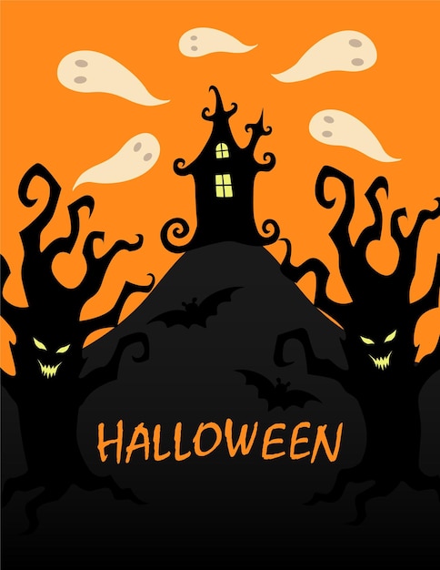 Halloween poster party invitation card Vector illustration with haunted house trees ghosts and bats