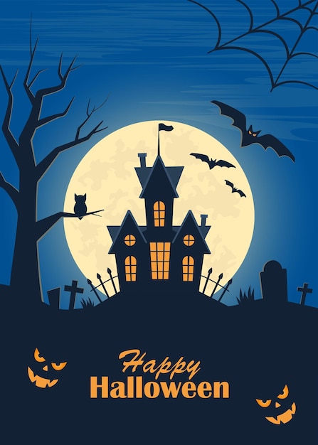 Poster di halloween spaventoso invito a una festa banner volantino castello scuro luna pipistrelli tombe lapidi croci