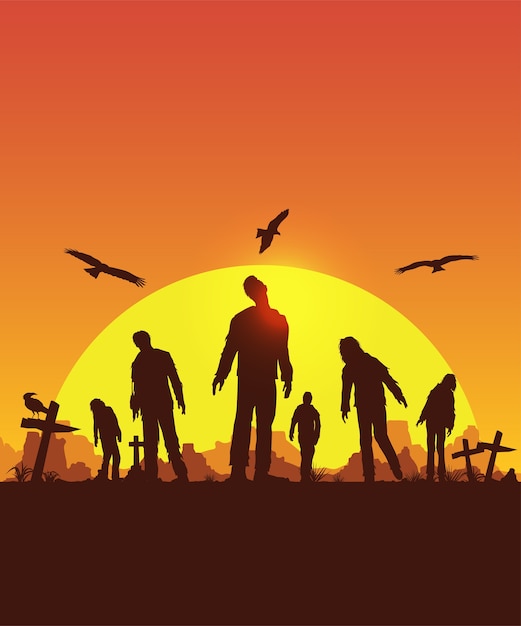 Halloween poster, silhouette of zombies walking,  illustration