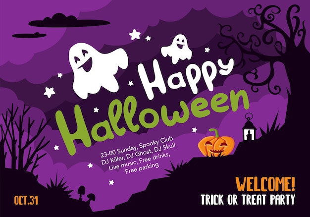 Halloween poster sjabloon enge feestuitnodiging flyer met horror symbolen pompoen op donker landschap