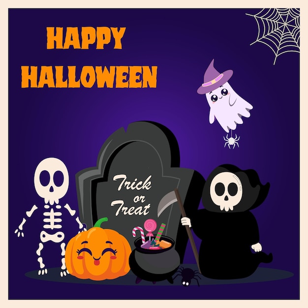 Halloween-poster voor een Halloween-feest met een geest, een pompoen, een skelet en de dood met een zeis