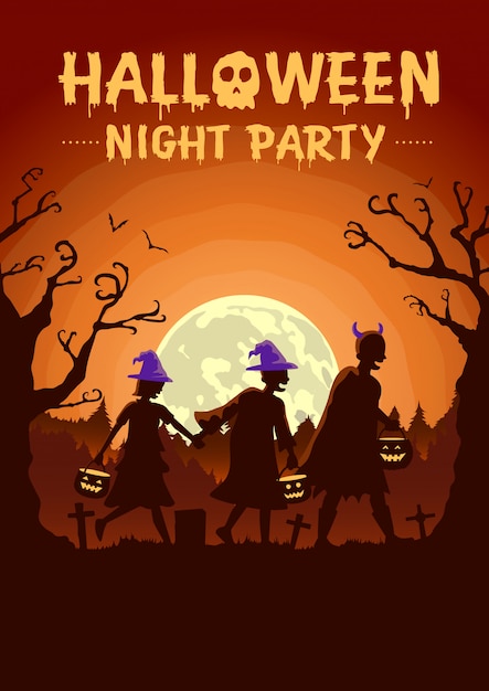 Manifesto di halloween con il gruppo di bambini che indossa abiti e cappello fantasia come strega che trasporta una pentola per sollecitare regali durante la notte