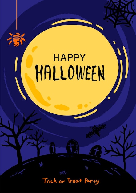 Poster di halloween con un cielo notturno di luna piena e silhouette di una tomba.